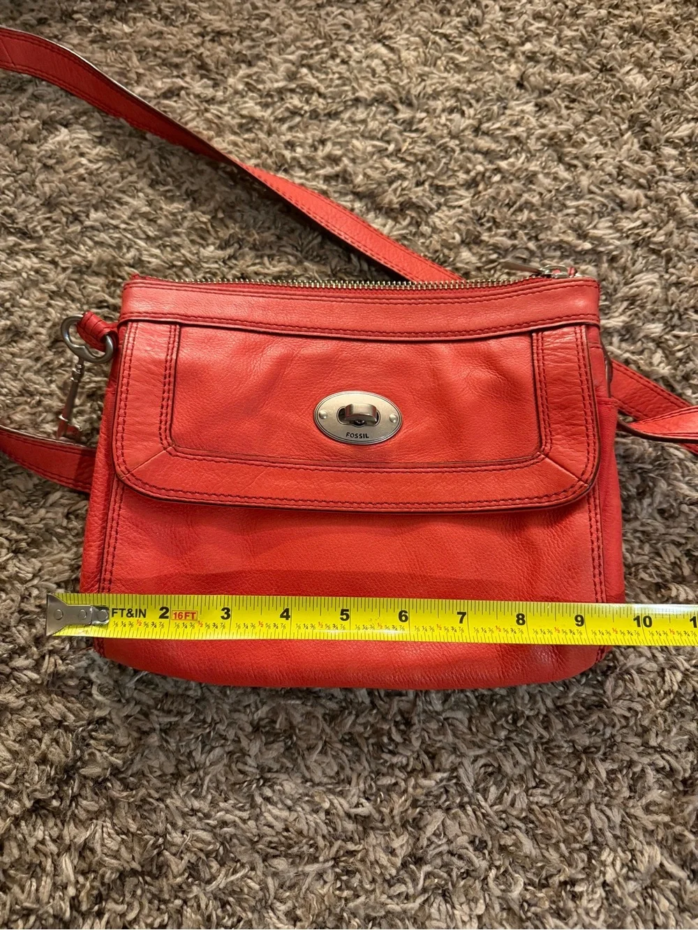 Vintage Fossil Orange Leather Crossbody Bag Key Charm Boho Purse